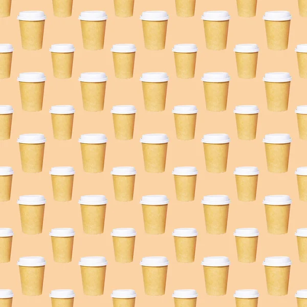 A lot of paper eco cup with coffee to go on orange background, Fast food, Seamless Pattern.