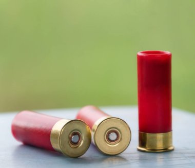 Çizik bir masada üç pompalı tüfek mermisi, ikisi yatay ve biri dikey olarak yeşil arka planda.