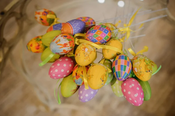 Colorfull easter eggs decor on table — Stock Photo, Image