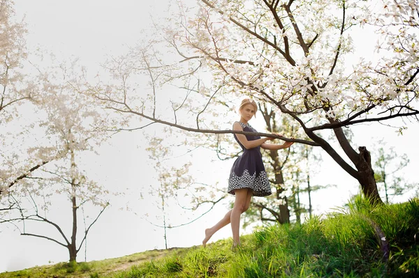Ung vacker modell kvinna poserar i trädgården av blommande magnolior. — Stockfoto