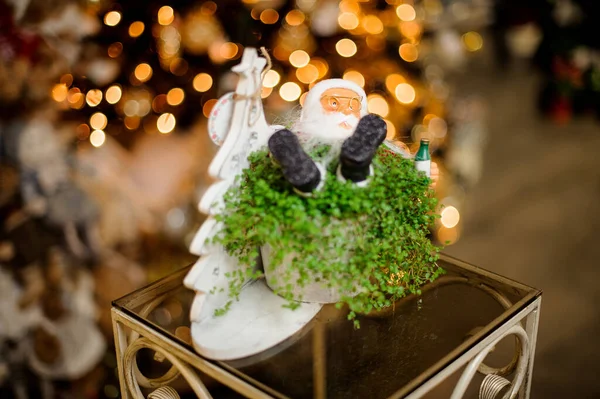 サンタ・クラス・フィギュアで装飾された緑の植物のクリスマスポット — ストック写真