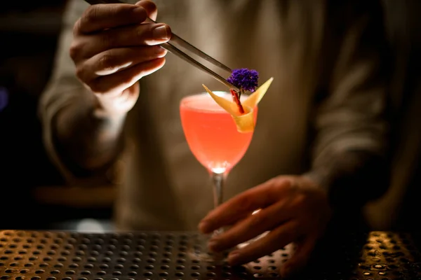 Male bartender gently decorates wine glass of bright cocktail with flower using tweezers — Stock Photo, Image