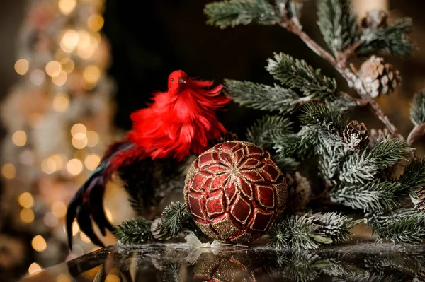 Красивые рождественские игрушки блестящий красный шар и яркая птица возле елки ветвей — стоковое фото