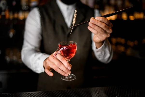Barkeeper hält präzise Glas mit Getränken und dekoriert es mit Weizenspieß — Stockfoto