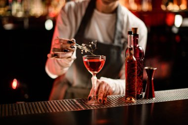 Barmen kadının çiçekli dalla süslediği parlak alkollü bardağın manzarası