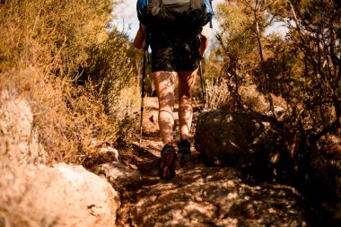 Sırt çantalı bir turistin patikada yürürken bacaklarının arkası.