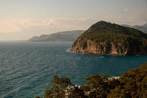 Magnifica vista della roccia con alberi verdi vicino all'acqua della costa del mare — Foto Stock