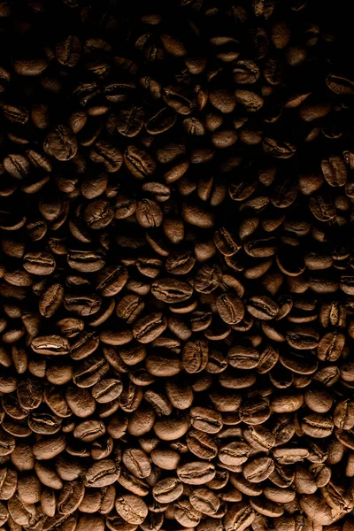 Vista superior sobre bela mistura de muitos grãos de café torrado marrom. Café fundo — Fotografia de Stock