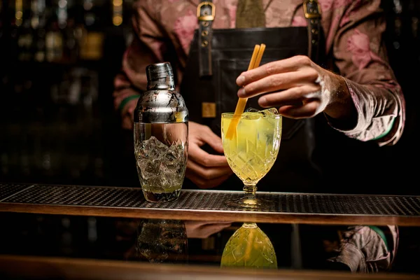 Sklenice jasně studeného koktejlu a průhledného třepačky s ledem na barovém pultu. — Stock fotografie