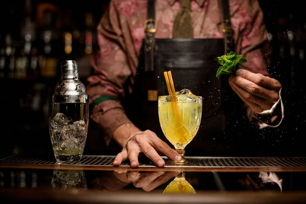 Vaso de cristal de cóctel frío brillante y agitador transparente con hielo en el mostrador de bar. — Foto de Stock