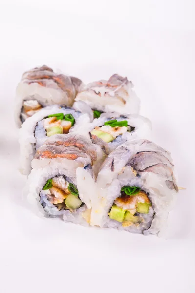 Rolo de sushi de camarão cru com enguia — Fotografia de Stock