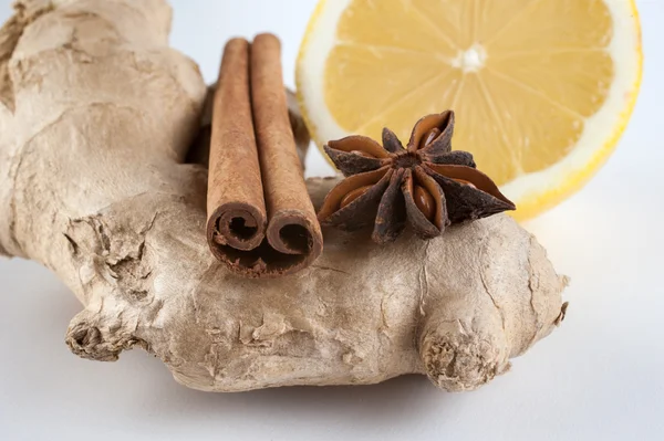 Ginger, cinnamon, star anise and lemon on white background — Stock Photo, Image