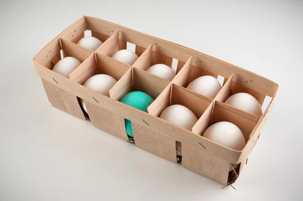 Förpackning med tio vita ägg med en blå — Stockfoto