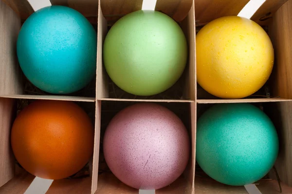 Six pastel  easter eggs in a printers box — Stock Photo, Image