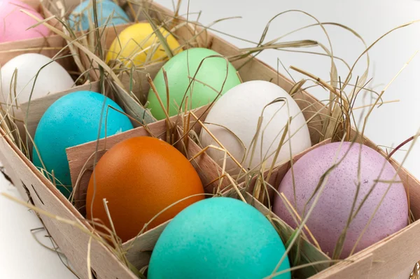 Paquete natural de diez huevos de colores aislados en blanco —  Fotos de Stock