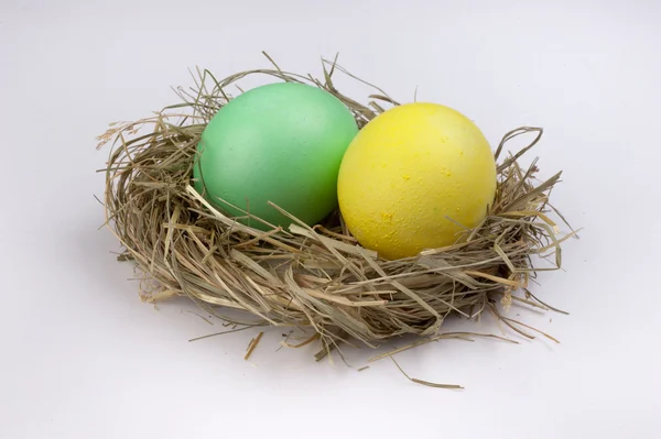 Yellow and green easter eggs in nest isolated on white — Stock Photo, Image