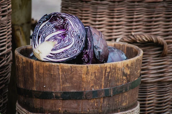 Purple cabbage sold at market place — Stok fotoğraf