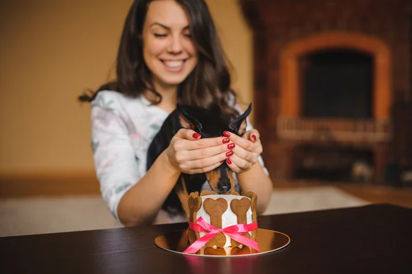 Woman closing eyes of toy terrier  birthday cake infront — Stock Photo, Image