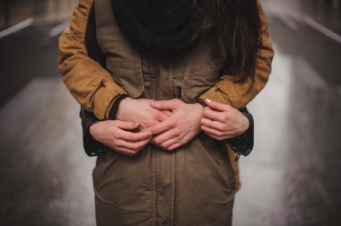 açık havada sonbaharda sarılma güzel genç Çift