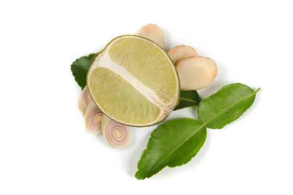 Ginger, lime, kaffir  leaves, lemon grass on white isolated — Stock Photo, Image