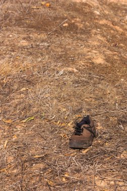 Image of an abandoned brown sneaker in weedy field with copy space on top clipart