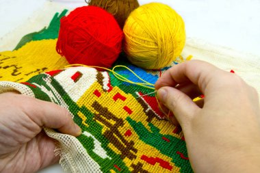 Çapraz dikiş şablonunda çok renkli bir çizimi tamamlayan bir kadının elleri