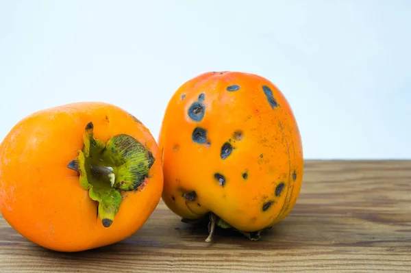 Close Some Persimmons Bright Red Variety Full Blows Caused Hail — Stock Photo, Image