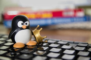 Tux, figure of the Linux Free Software symbol next to a crown, on a computer keyboard and with copy space in the background clipart