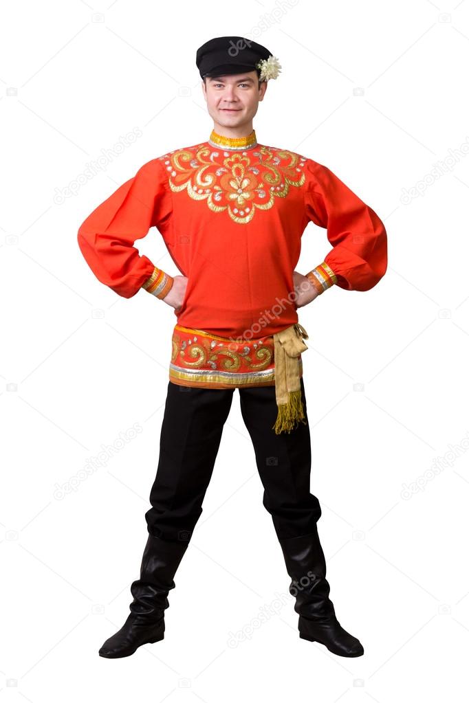 attractive caucasian guy wearing a russian folk costume