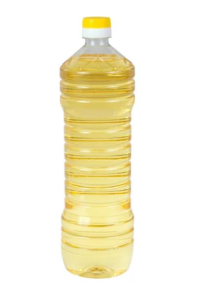 Zonnebloemolie in plastic fles geïsoleerd op wit — Stockfoto