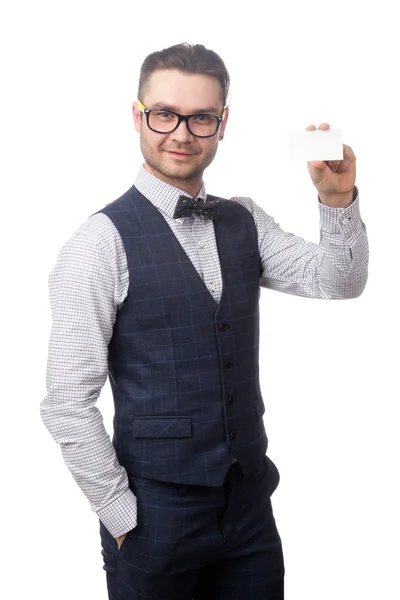 Muda bahagia pengusaha memegang kartu di tangan terisolasi di atas putih — Stok Foto