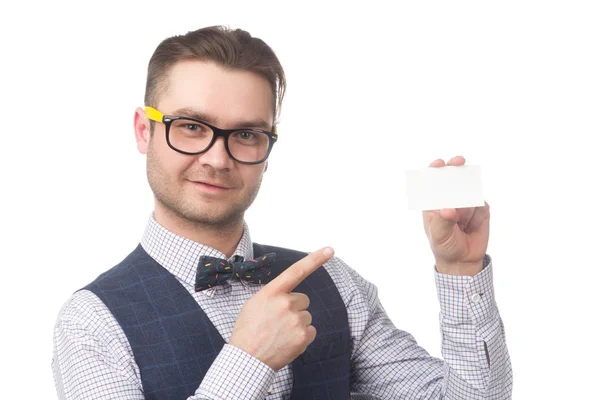Jeune homme d'affaires heureux tenant une carte dans la main isolé sur blanc — Photo