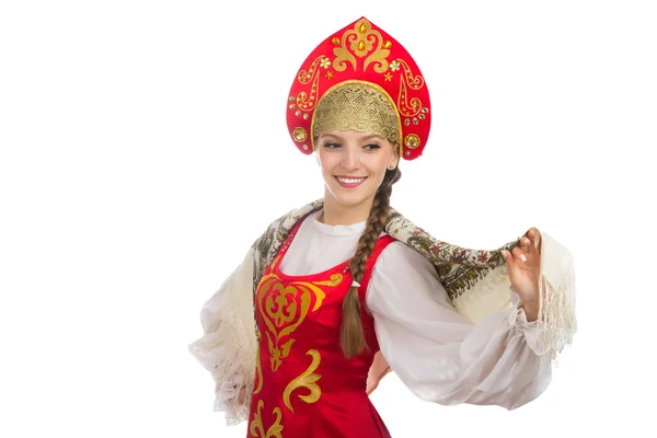 Beautiful  smiling russian girl in folk costume — Stock Photo, Image