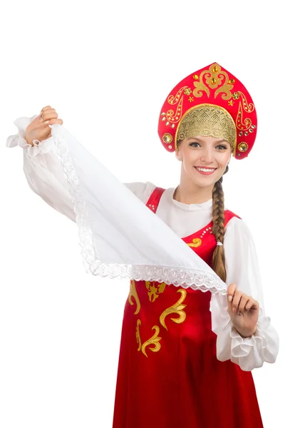 Gyönyörű orosz lány sokac népviseletben mosolyogva — Stock Fotó