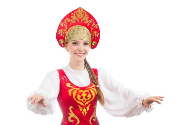 Beautiful  smiling russian girl in folk costume — Stock Photo, Image