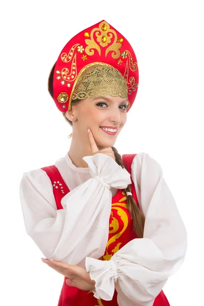 Beautiful  smiling russian girl in folk costume — Stock Photo, Image