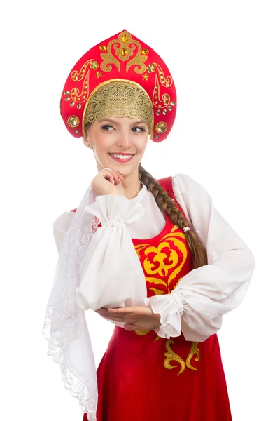 Bela menina russa sorridente em traje popular — Fotografia de Stock