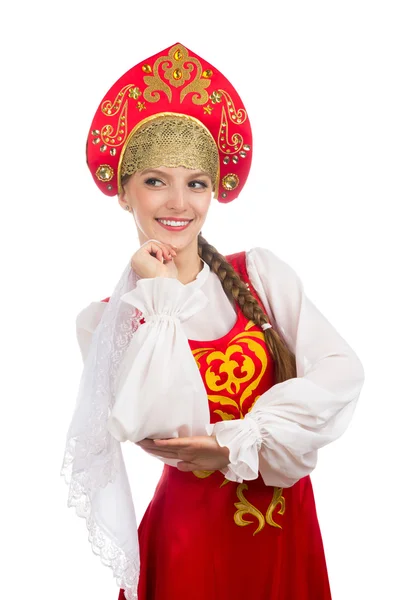 Beautiful  smiling russian girl in folk costume — Stock Photo, Image