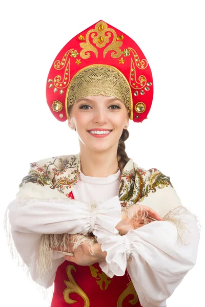 Bela menina russa sorridente em traje popular — Fotografia de Stock