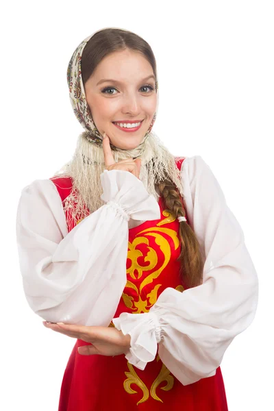 Mooi lachende Russische meisje in folk kostuum — Stockfoto