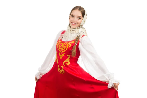 Beautiful smiling russian girl in folk costume — Stock Photo, Image