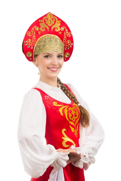 Usměvavá ruskou krasavicí v kroj — Stock fotografie