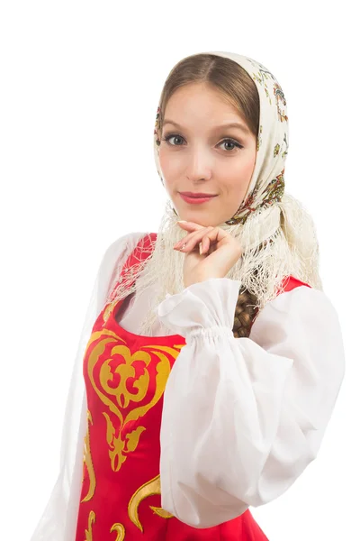 Mooi lachende Russische meisje in folk kostuum — Stockfoto