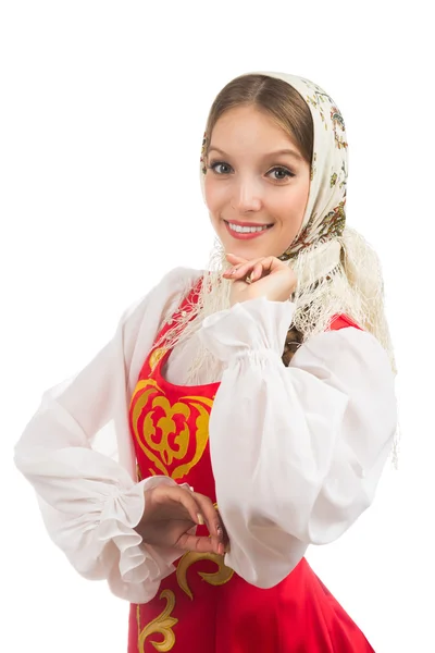 Mooi lachende Russische meisje in folk kostuum — Stockfoto