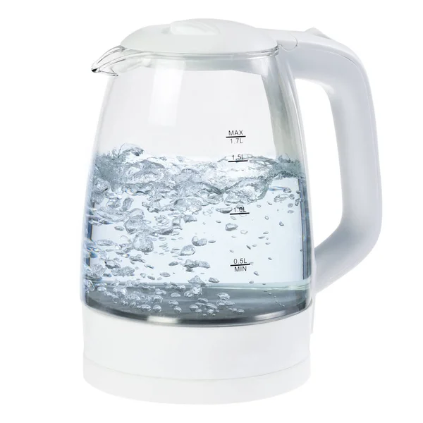 White Glass Electric Kettle Boiling Water Isolated White Background — Stock Photo, Image