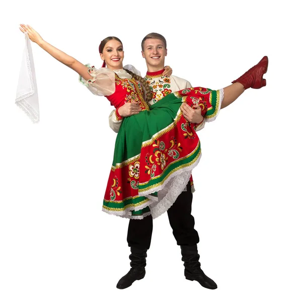 Bella Danza Caucasica Cuple Costumi Popolari Russi Isolati Sfondo Bianco — Foto Stock