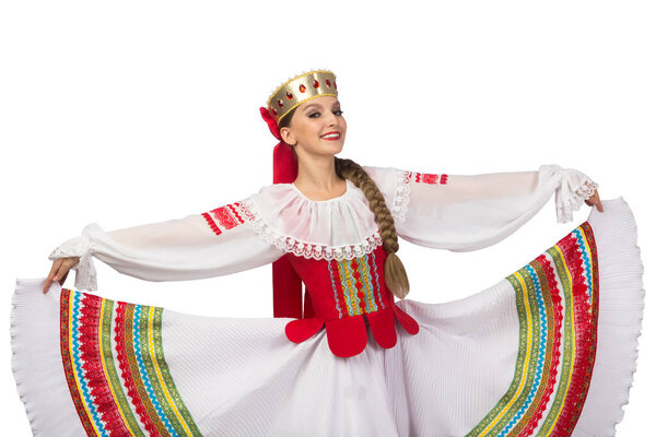 Beautiful smiling caucasian girl in belarussian folk costume isolated on white background