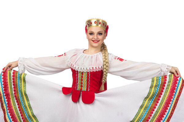 Beautiful smiling caucasian girl in belarussian folk costume isolated on white background