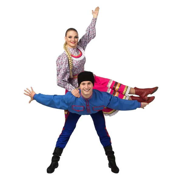 Prachtige Kaukasische Cuple Dansen Russische Folk Kostuums Geïsoleerd Witte Achtergrond — Stockfoto