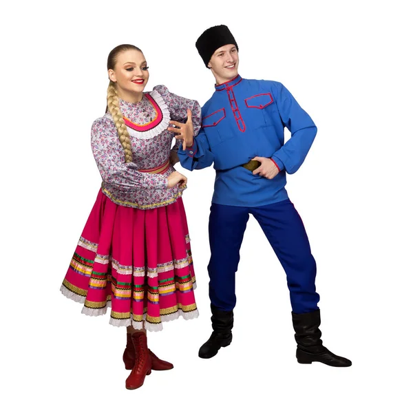 Prachtige Kaukasische Cuple Dansen Russische Folk Kostuums Geïsoleerd Witte Achtergrond — Stockfoto